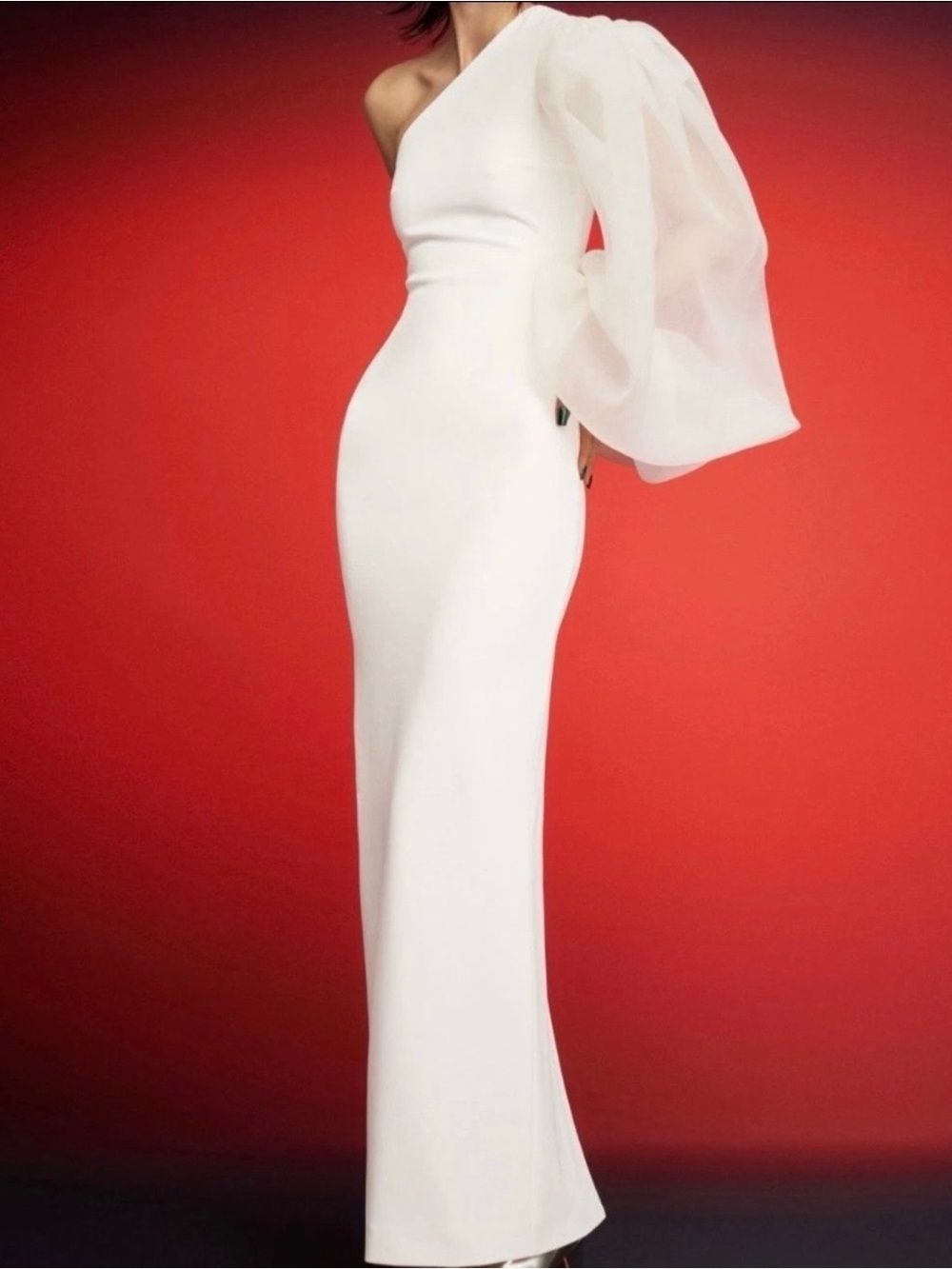 Elegant One-Shoulder White Gown with Dramatic Puff Sleeve